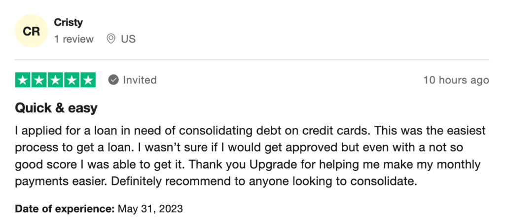 5-star Trustpilot review of Upgrade, a provider of single mom loans.