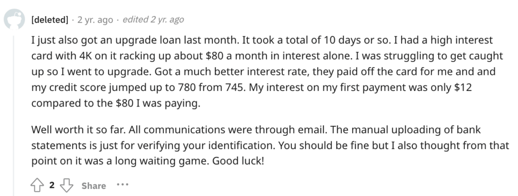 Reddit review of Upgrade, a provider of single mom loans.