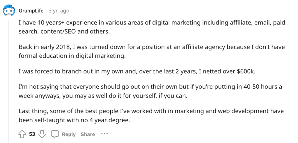 Six-figure job digital marketing on Reddit.