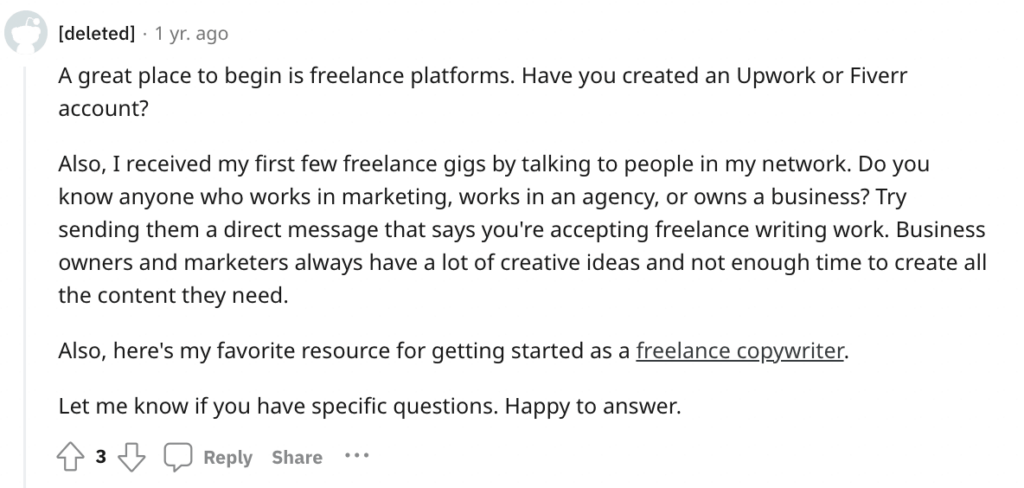 Six-figure job freelance writer on Reddit.