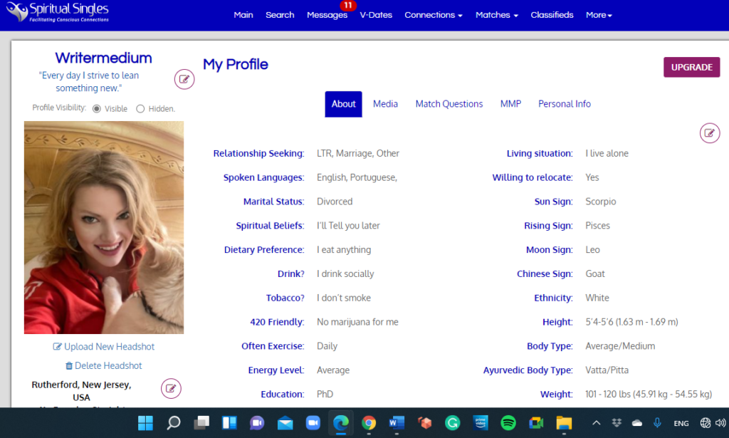 Example of Spiritual Singles dating site profile.