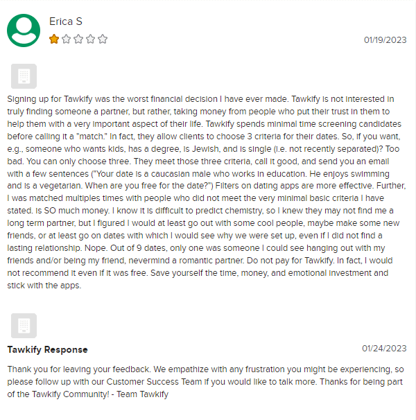 Tawkify negative review on BBB with one star.