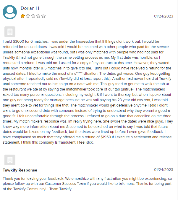 Negative review on Tawkify professional matchmaking app.