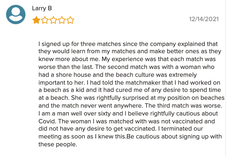 Negative review on Tawkify professional matchmaking app. 