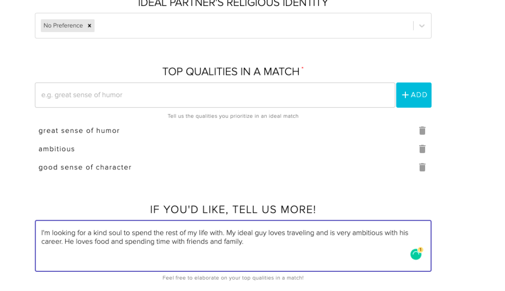 Profile setup on Tawkify matchmaking site.