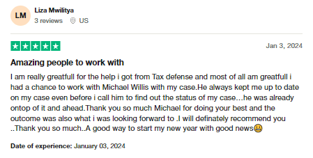 Trustpilot review of Tax Defense Network, one of the best tax relief companies.
