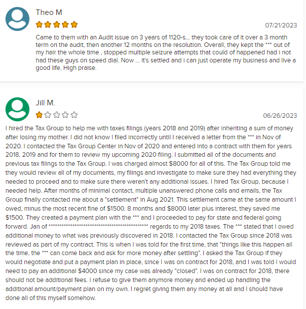 BBB reviews of Tax Group Center, one of the best tax relief companies.
