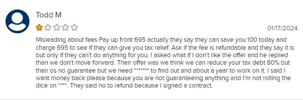 1-star review on BBB for Tax Relief Advocates, one of the best tax relief companies.