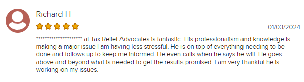 5-star review on BBB for Tax Relief Advocates, one of the best tax relief companies.