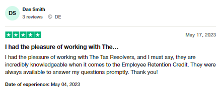 5-star Trustpilot review of Tax Resolvers, one of the best tax relief companies.
