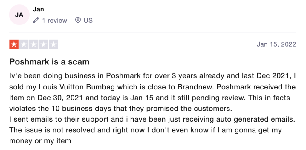One-star Poshmark review on Trustpilot.
