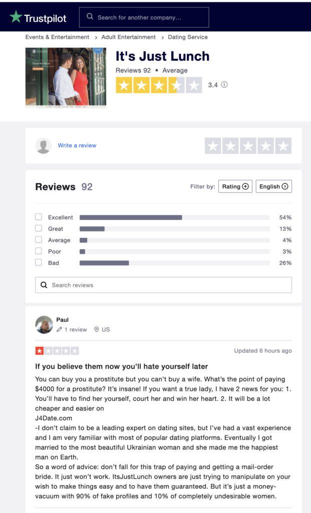 Trustpilot review of matchmaking site It's Just Lunch.