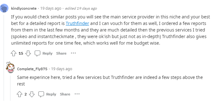 Reddit users share positive experiences with using TruthFinder.