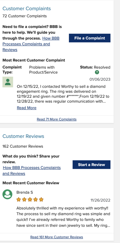 Better Business Bureau reviews from customers for Worthy