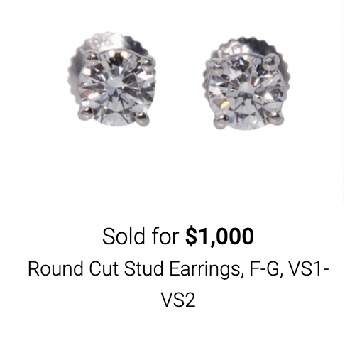 Round cut stud earrings sold on online jewelry auction site Worthy.