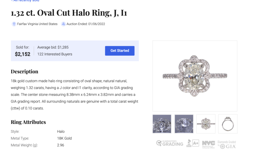 Worthy.com recent sale of diamond engagement ring 1.32 ct. Oval Cut Halo Ring, J, I1.