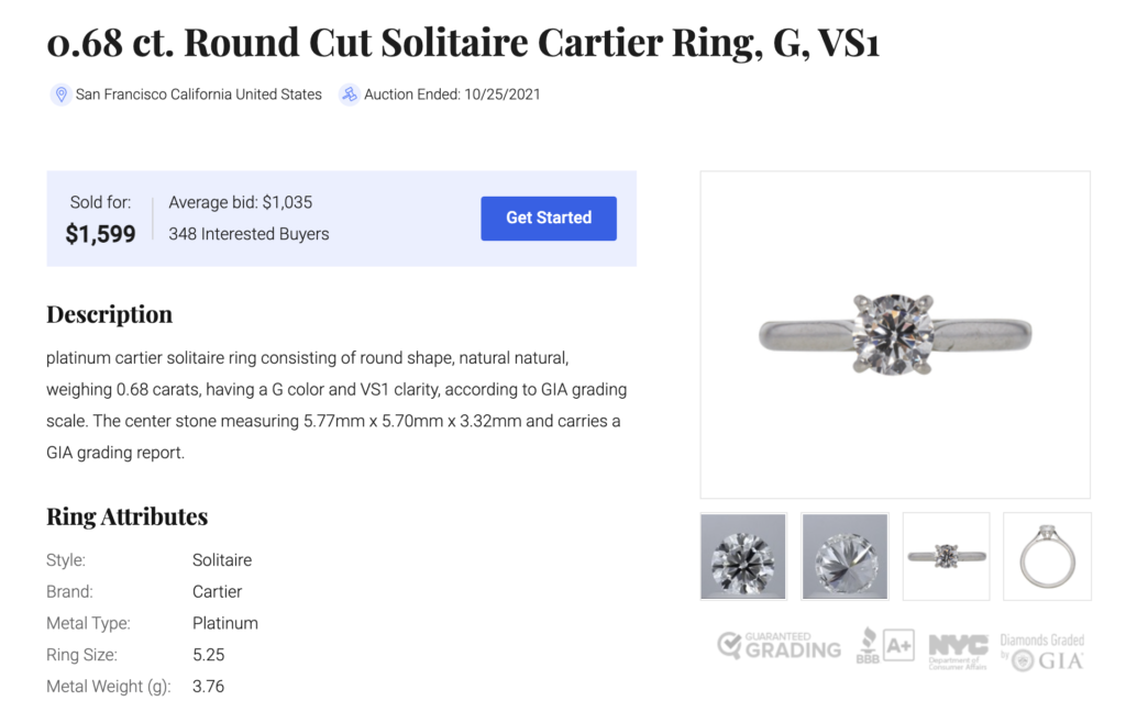 0.68 ct. Round Cut Solitaire Cartier Ring, G, VS1 sold by Worthy.com.

