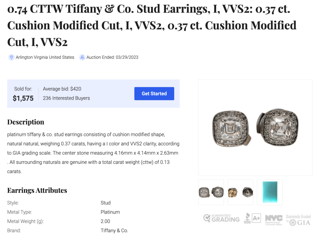 Worthy review recent sale of Tiffany diamond stud earrings for $1,575.