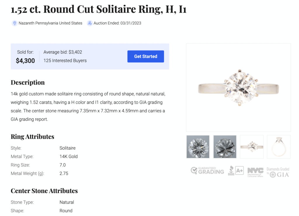 Worthy review recent sale of a solitaire diamond engagement ring for $4,300.