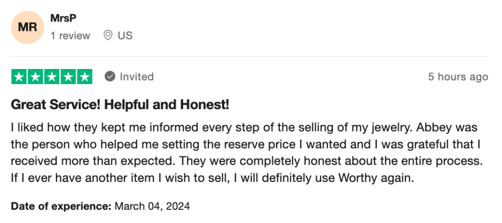 5-star Worthy.com review on Trustpilot from March 2024.