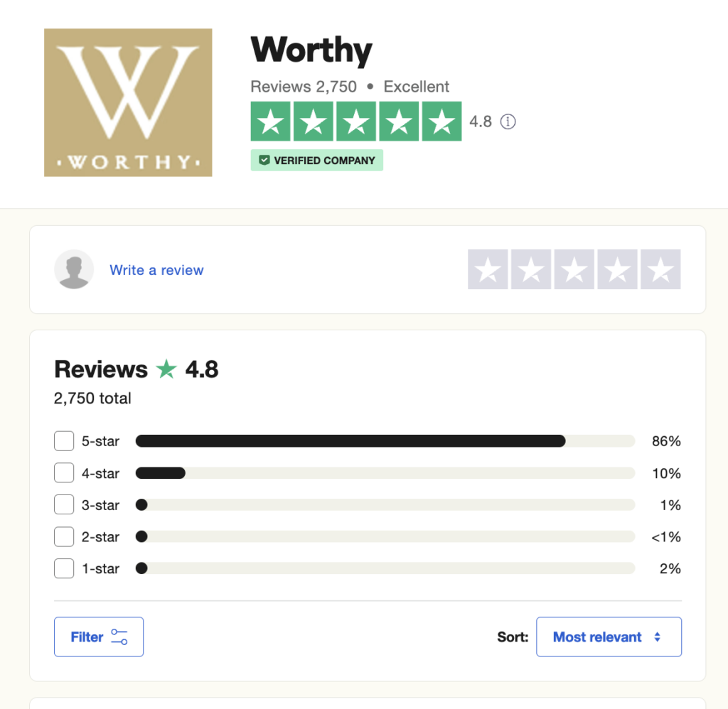 Worthy ratings on Trustpilot, reviews.