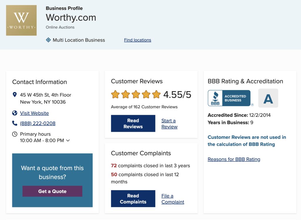 Better Business Bureau review of Worthy.com