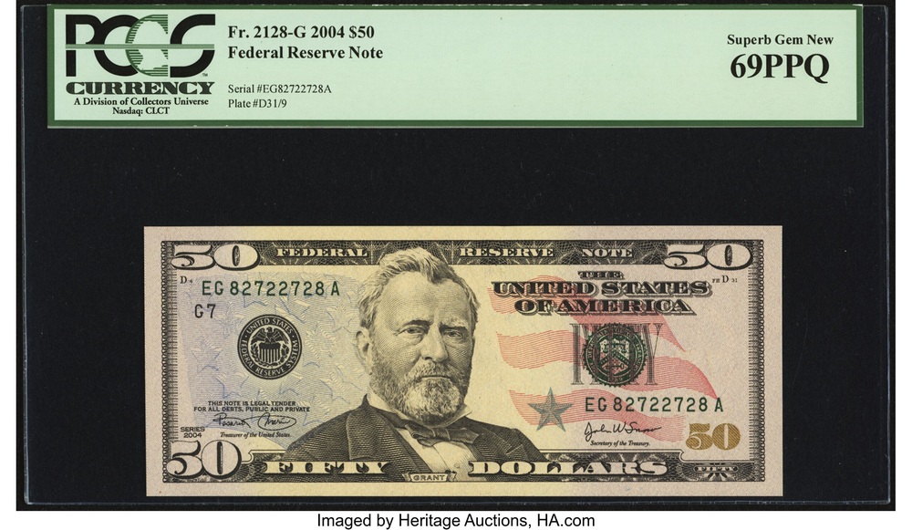 2004 fifty-dollar note with radar serial number 82722728 in a PCGS holder