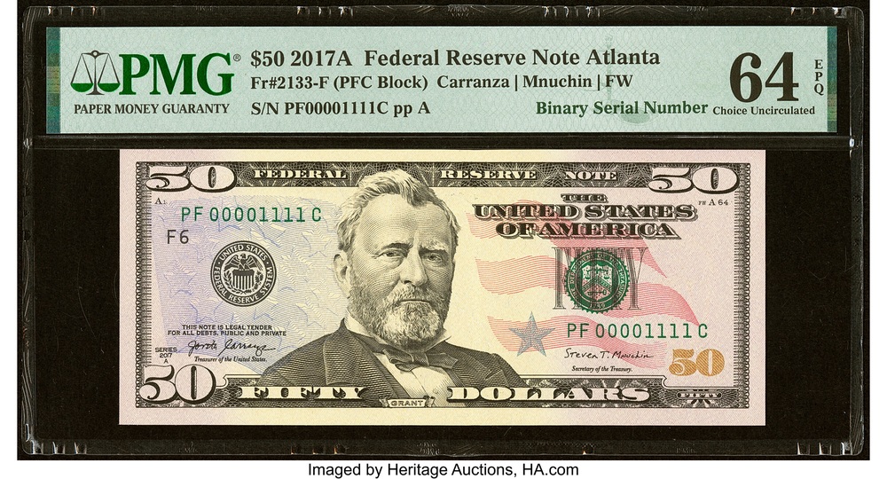 2017A $50 binary serial number 00001111