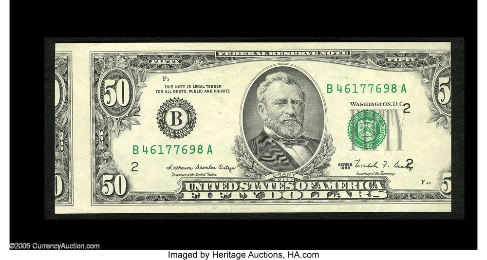 1988 $50 note with horizontal cutting error