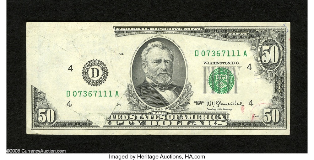 1977 $50 note with an obstruction printing error