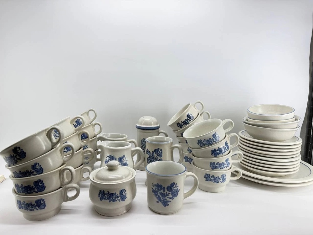 Pfaltzgraff Yorktowne blue floral stoneware cups, bowls and plates