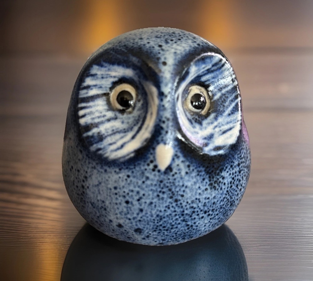 Blue and white Pigeon Forge Pottery owl figurine
