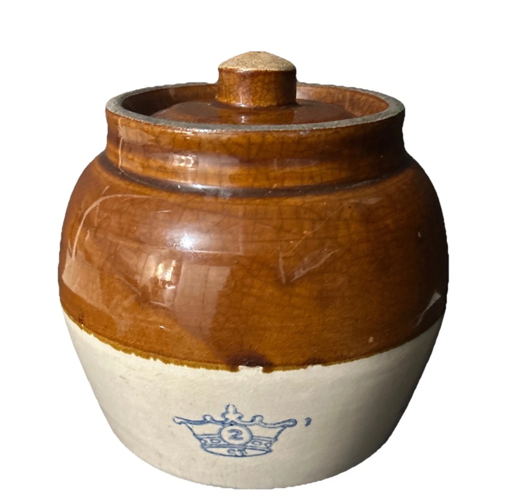 Robinson Ransbottom brown and cream crock with a blue crown mark