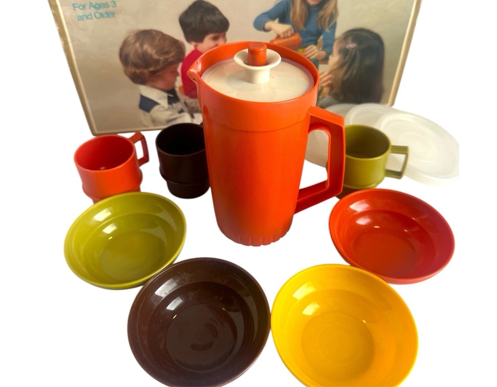 Miniature Tuppertoys pitcher, cups and bowls with original box