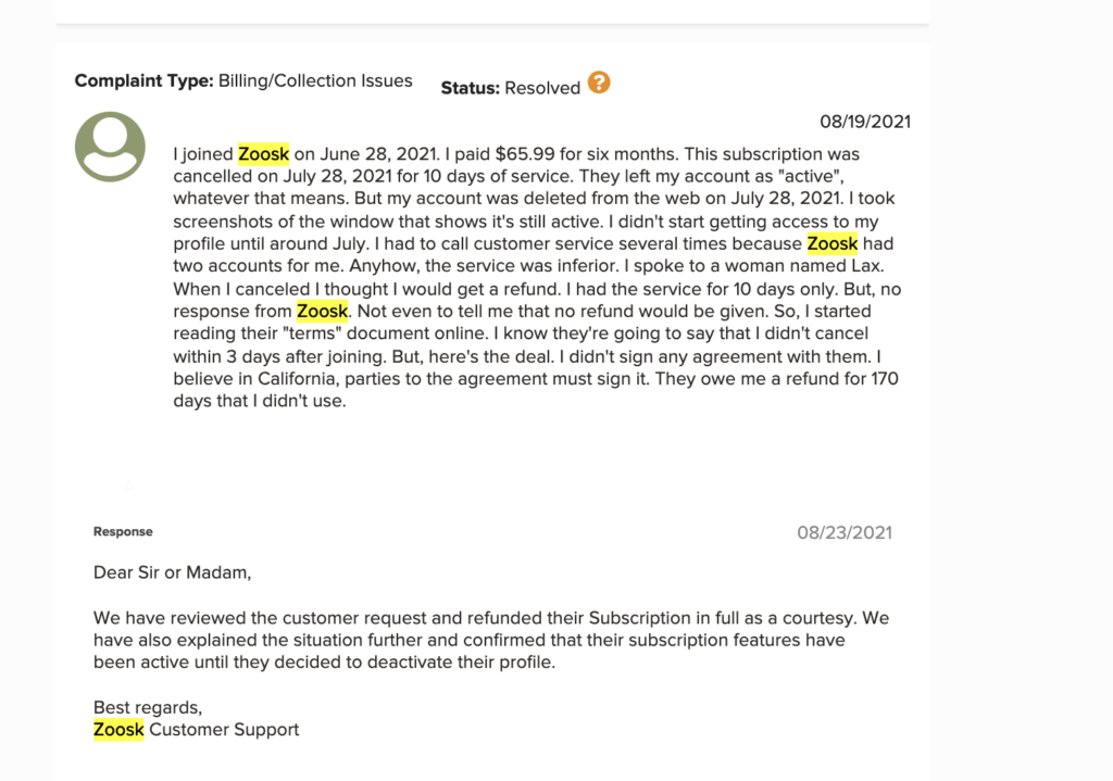 BBB complaint on Zoosk review.