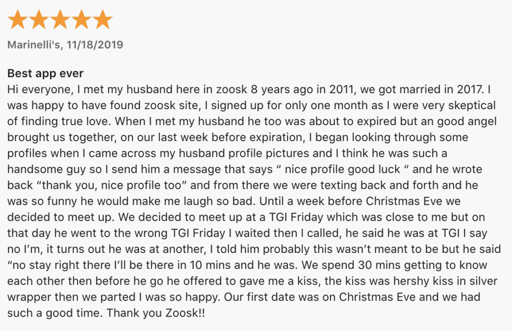 Positive Zoosk review on Apple app store.