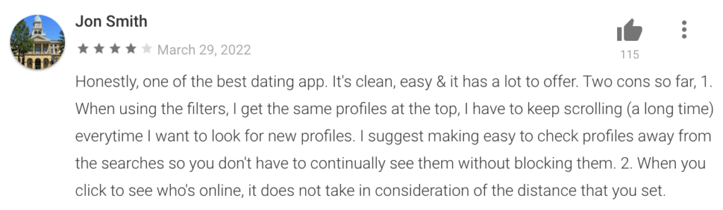 Positive Zoosk review on Google Play store.