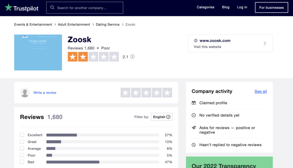 Zoosk reviews posted on Trustpilot.