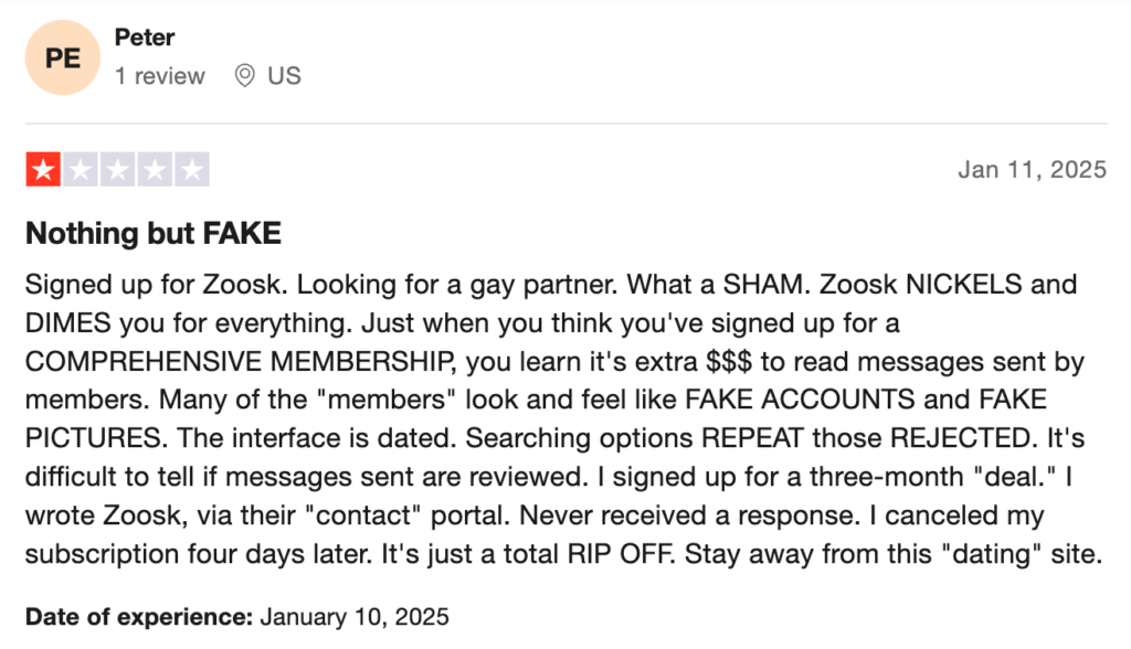 Zoosk Trustpilot Review from February 2025